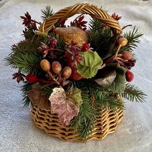 Gold Wicker Basket with Festive Holiday Flower Arrangement
